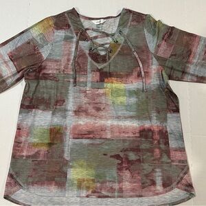 CJ Banks Earthy Tones Abstract Blouse
